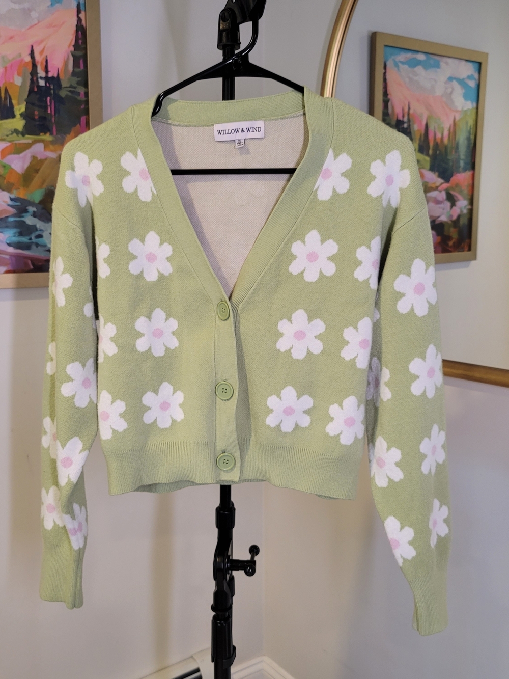 Willow & Wind Light Green Floral Button-Up Cardigan Sweater